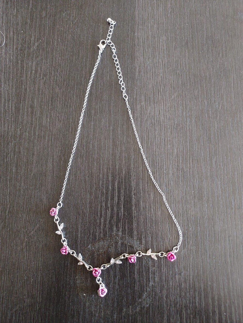 Silver Vine Necklace with Pink Rose Accents